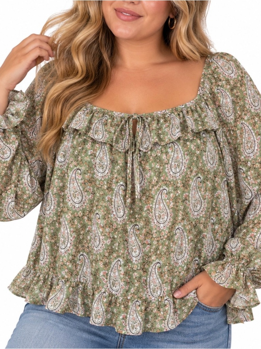 DR2 Paisley Floral Peasant Blouse XL Sage Green Boho Ruffle NWT